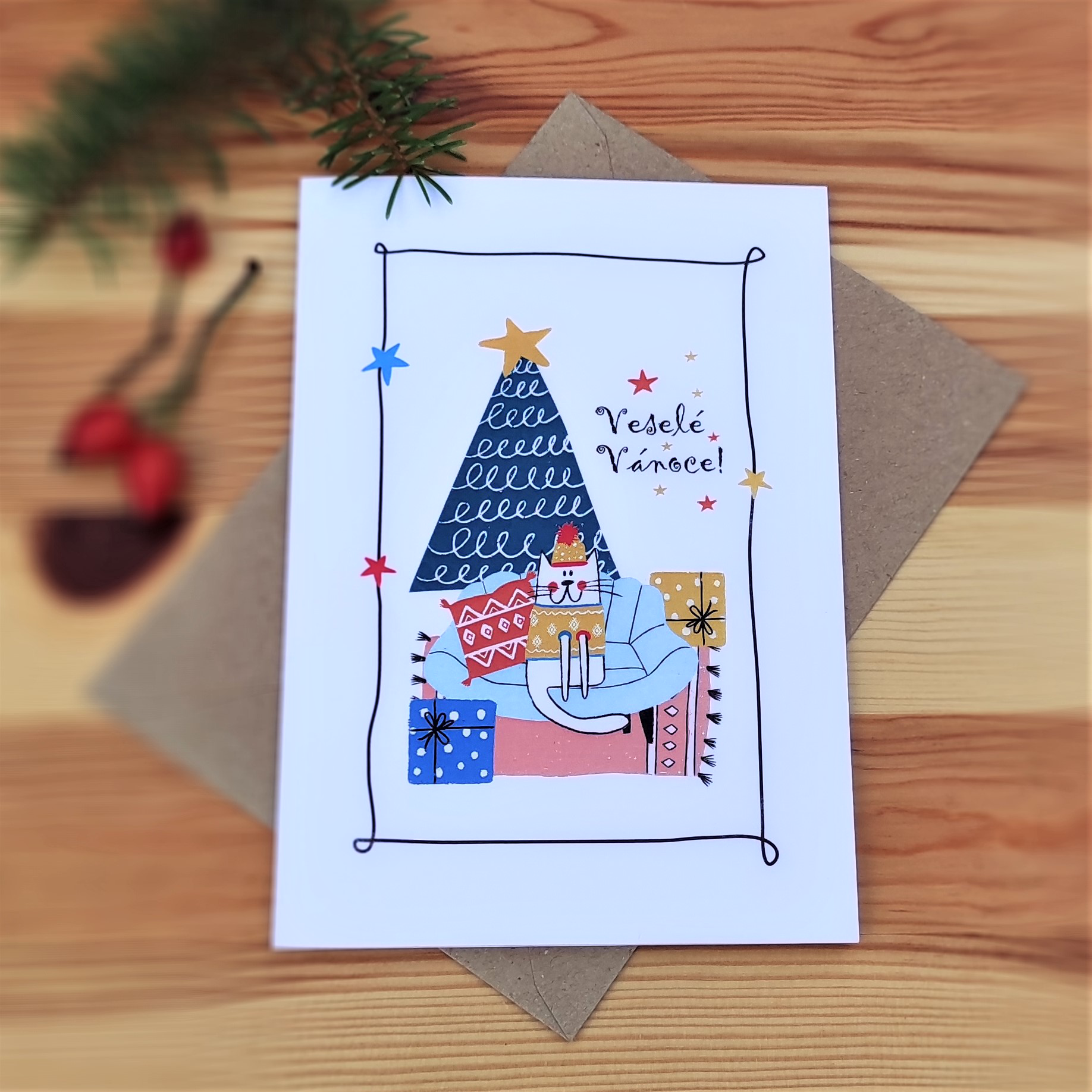 20143 Vánoční přání s obálkou - Kočka v obýváku